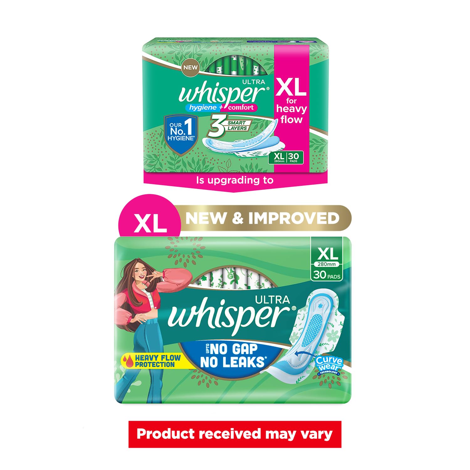 WHISPER Ultra Clean Wings XL pack back view highlighting secure fit.
