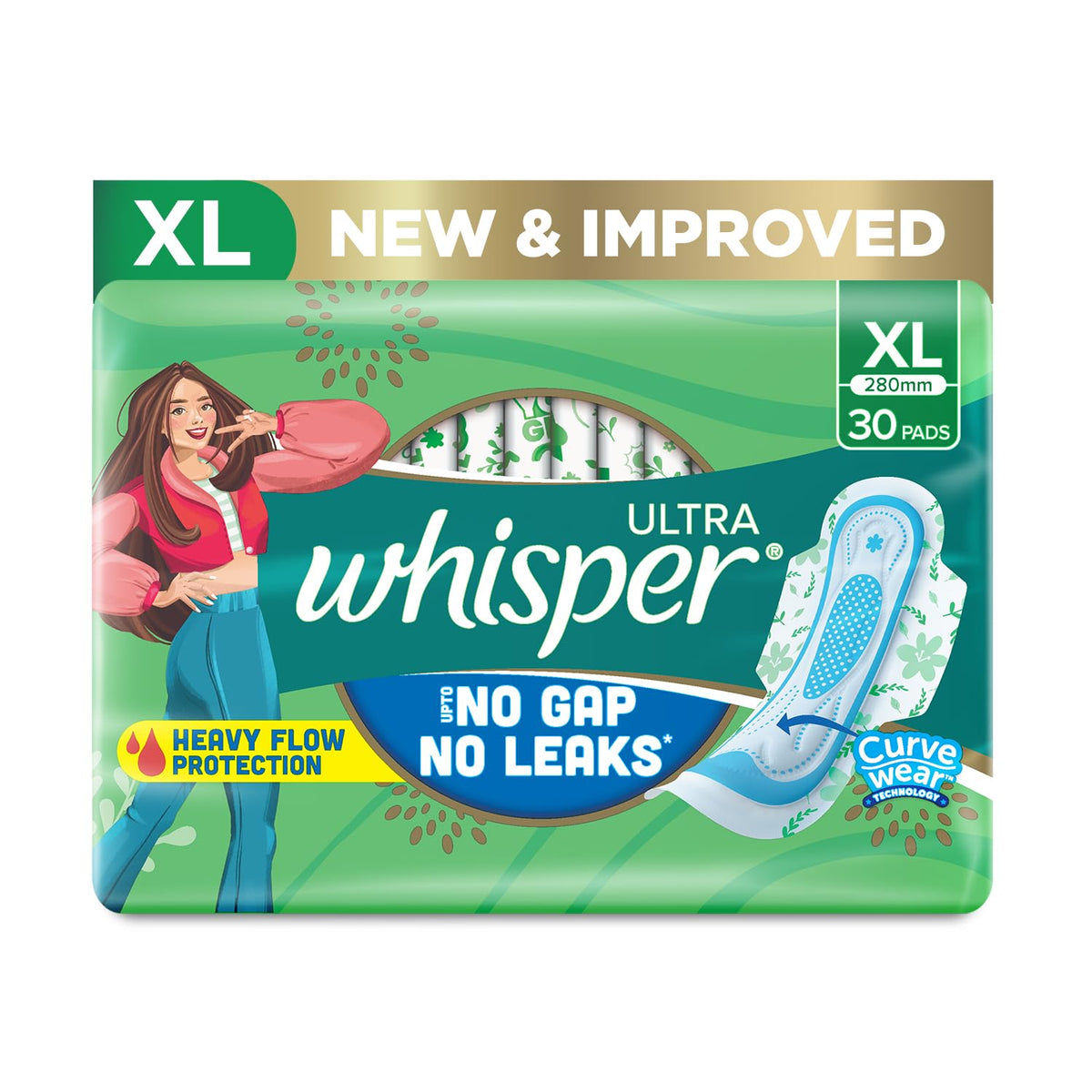 WHISPER Ultra Clean Wings XL pack front view showing all-day protection.