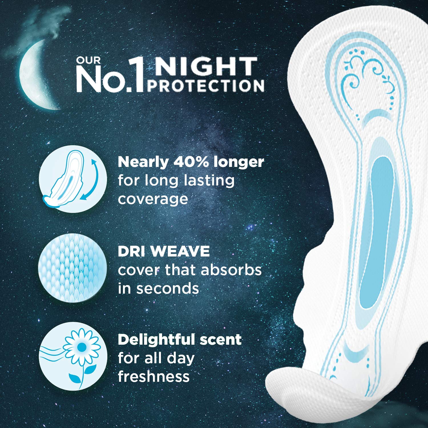 Whisper Ultra Night Pad features Dri-weave cover for soft, dry feel.