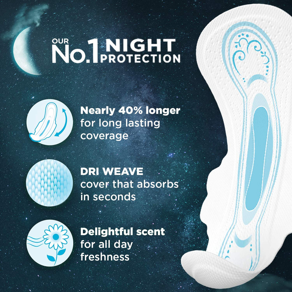 Whisper Ultra Night Pad features Dri-weave cover for soft, dry feel.