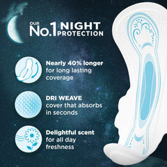 Whisper Ultra Night Pad features Dri-weave cover for soft, dry feel.