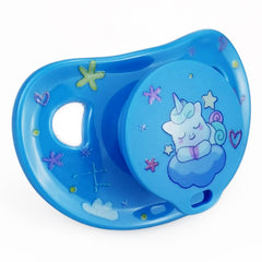 WhisperWilds pacifier with blue unicorn pattern silicone nipple for gentle comfort.