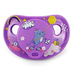 WhisperWilds pacifier with purple Sweet Dreams cat pattern and case for adults.