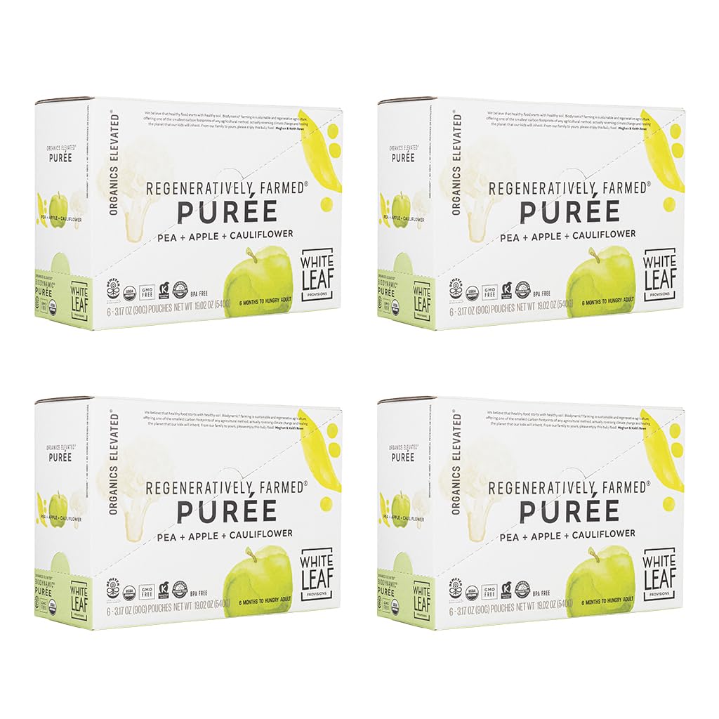 White Leaf Provisions pea-apple-cauliflower pouch front for mess-free, on-the-go feeding.