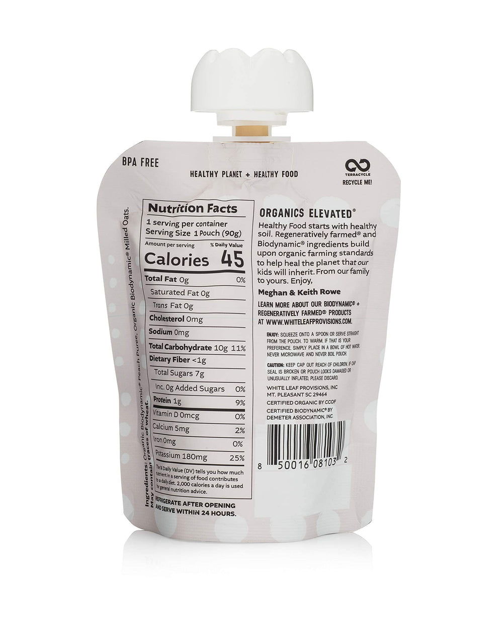White Leaf Provisions peach-oat puree pouch, resealable and convenient