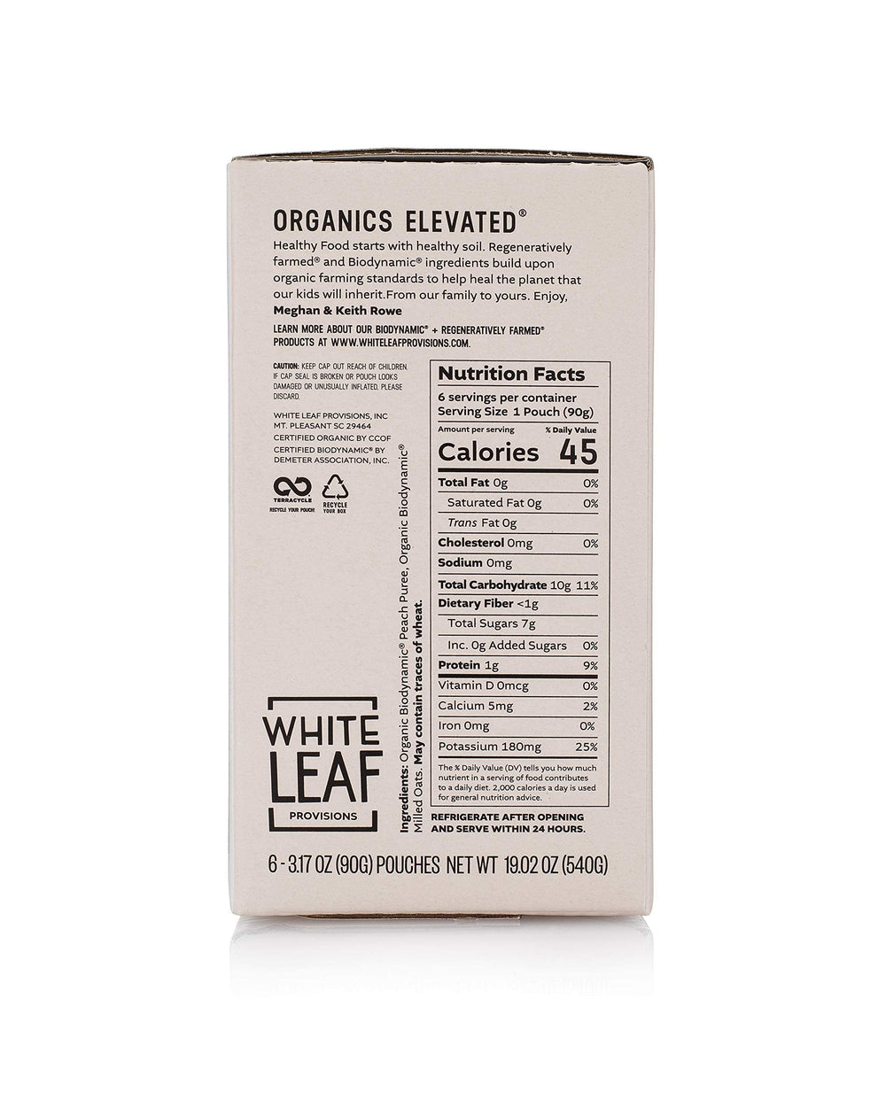 Peach oat baby puree pouch by White Leaf Provisions, toddler-friendly