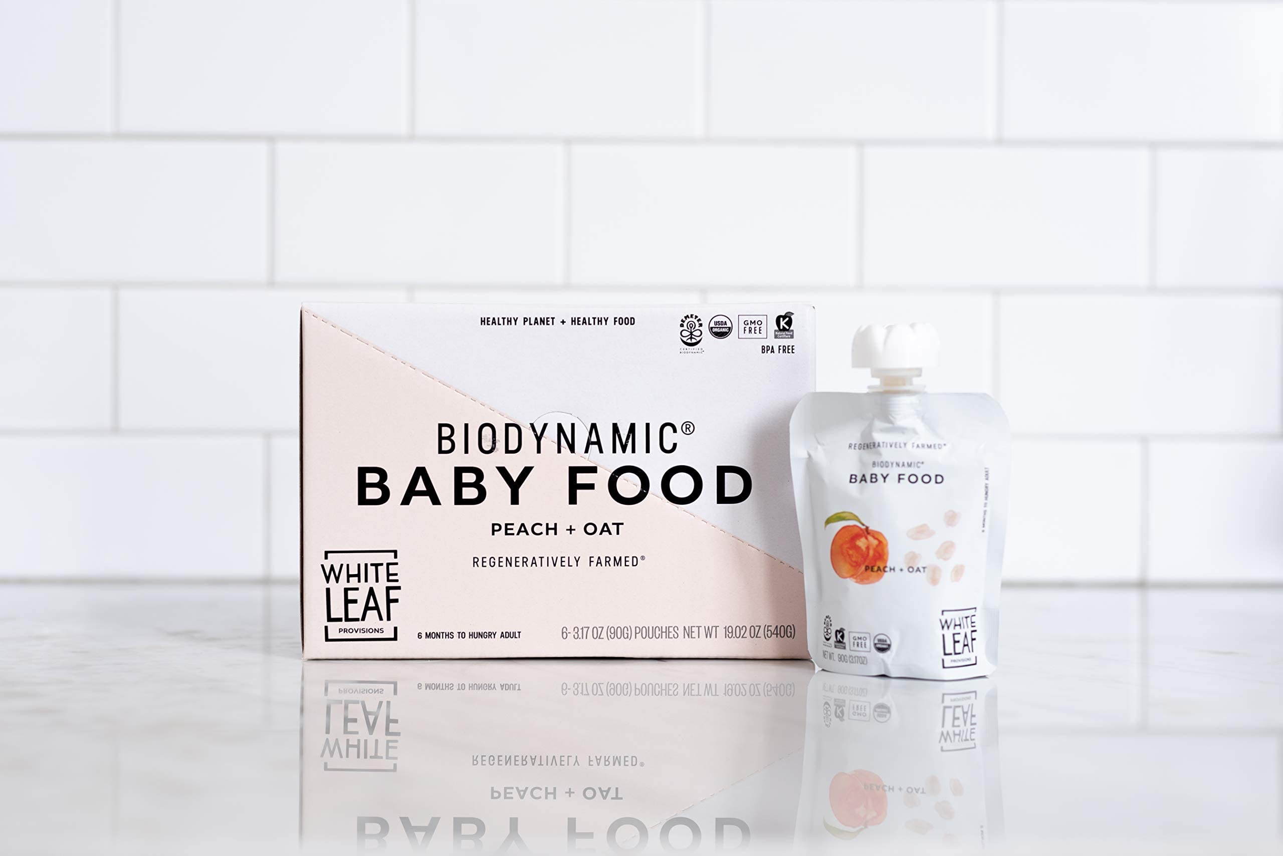 White Leaf Provisions biodynamic peach-oat puree pouch for snacking