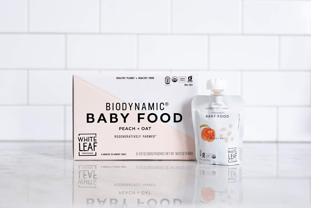 White Leaf Provisions biodynamic peach-oat puree pouch for snacking