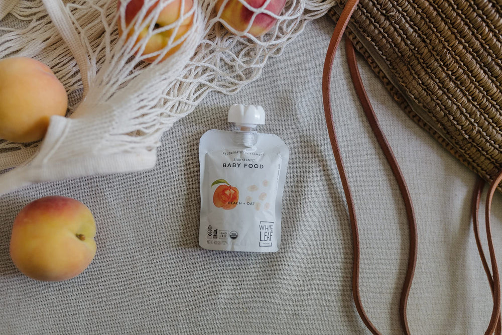 Peach oat puree pouch from White Leaf Provisions, perfect for lunchbox
