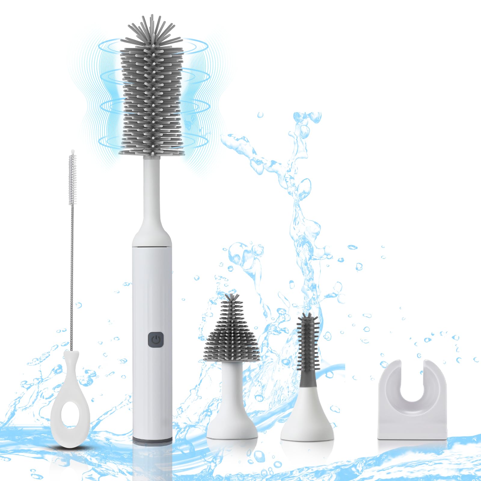 WHNL electric baby bottle brush set in white with replaceable heads for thorough cleaning.