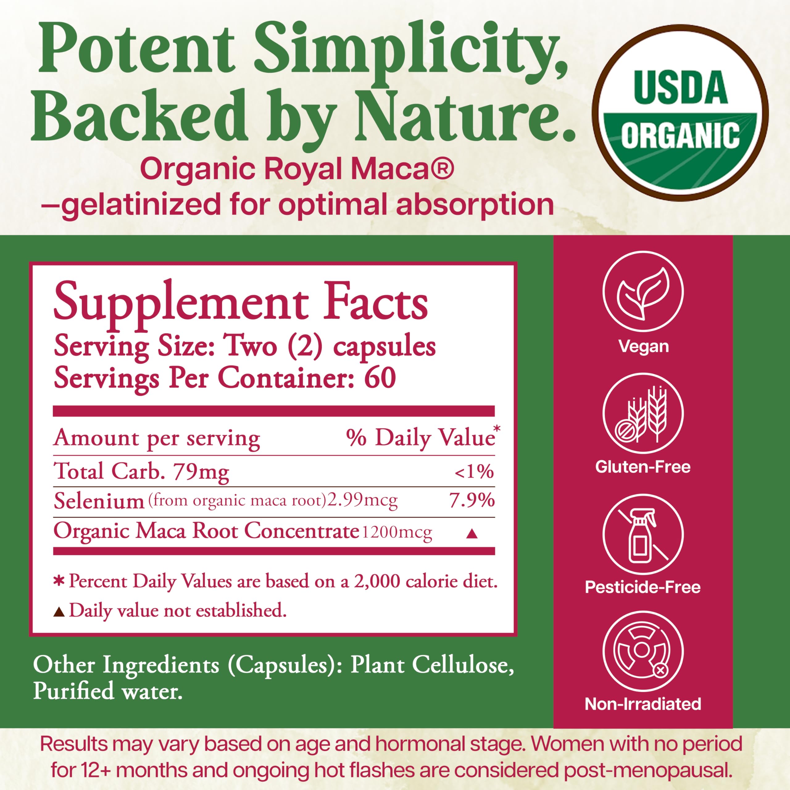 Whole World Botanicals Royal Maca bottle back with nutrition facts and energy support