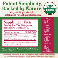 Whole World Botanicals Royal Maca bottle back with nutrition facts and energy support