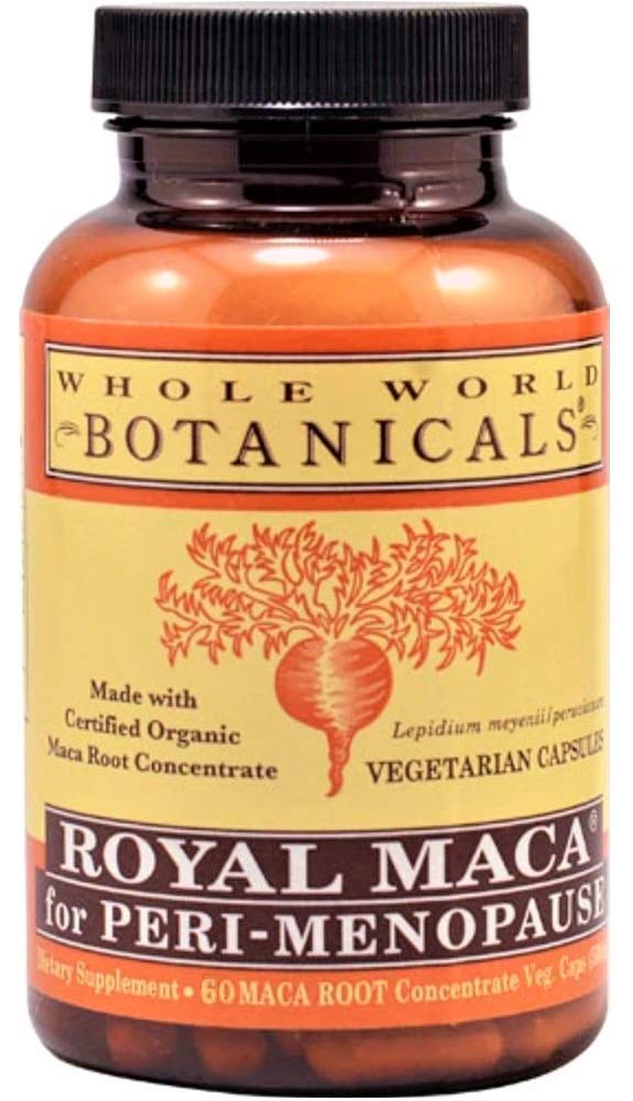 Whole World Botanicals Royal Maca bottle ready for peri-menopause support.