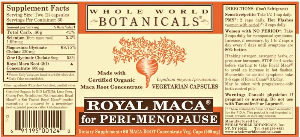 Whole World Botanicals Royal Maca capsules offer peri-menopause support.