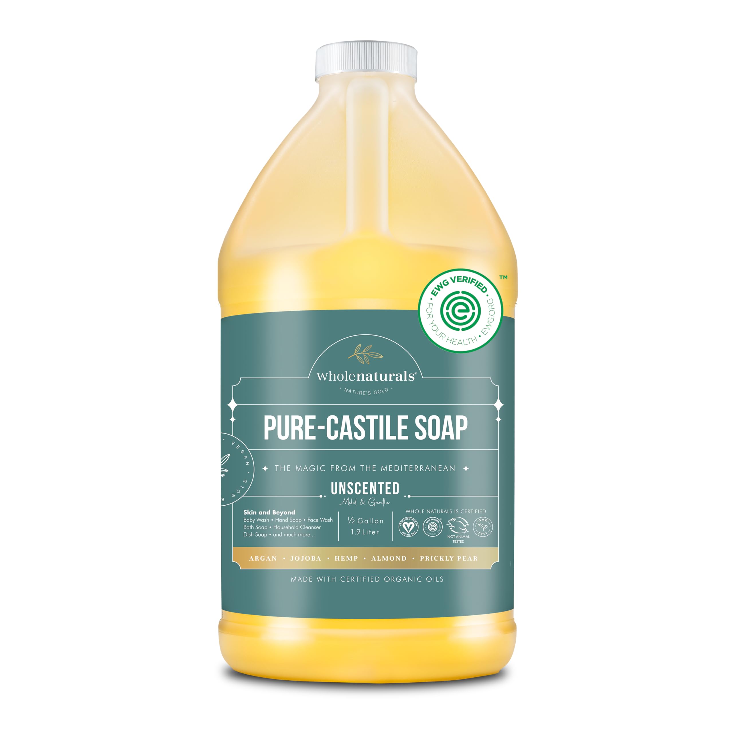 WHOLENATURALS Castile soap bottle shows a versatile, skin-safe formula.