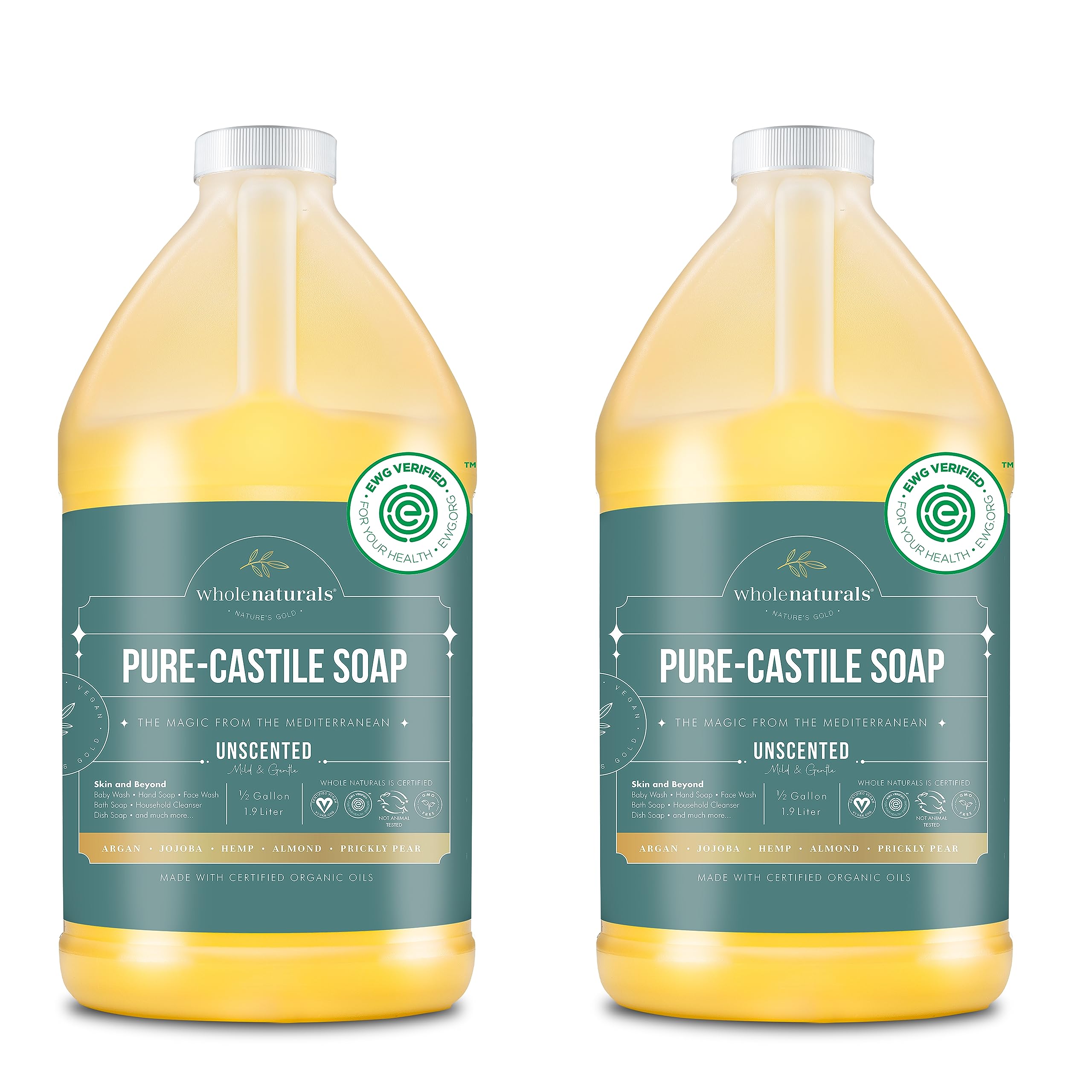 WHOLENATURALS Pure Castile Soap unscented bottle with pump for gentle everyday cleansing.
