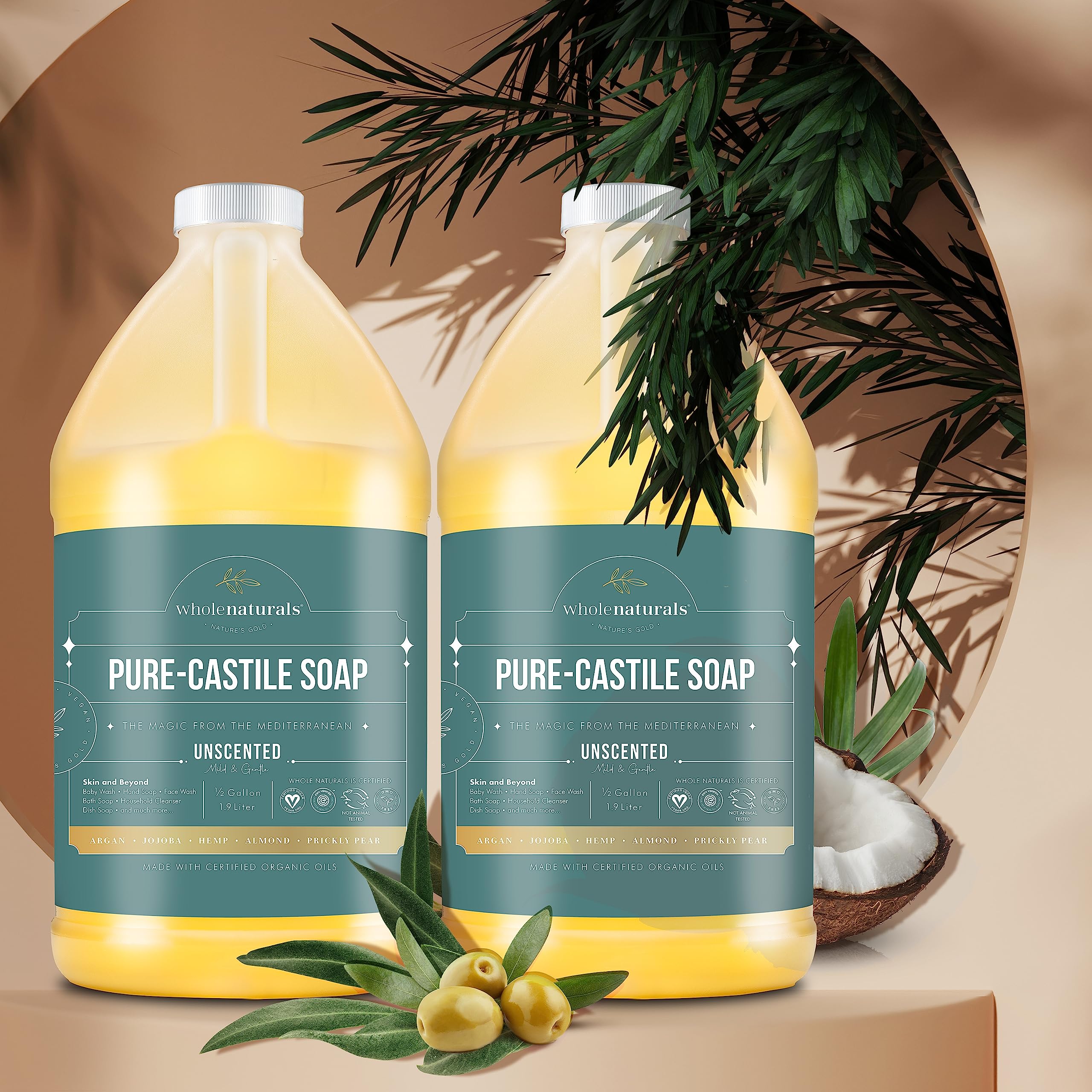 WHOLENATURALS Castile Soap lather closeup showing rich foam for versatile cleaning.