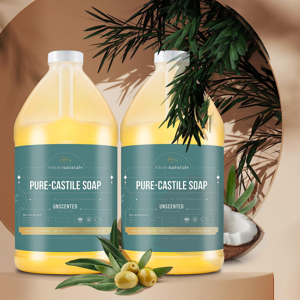 WHOLENATURALS Castile Soap lather closeup showing rich foam for versatile cleaning.