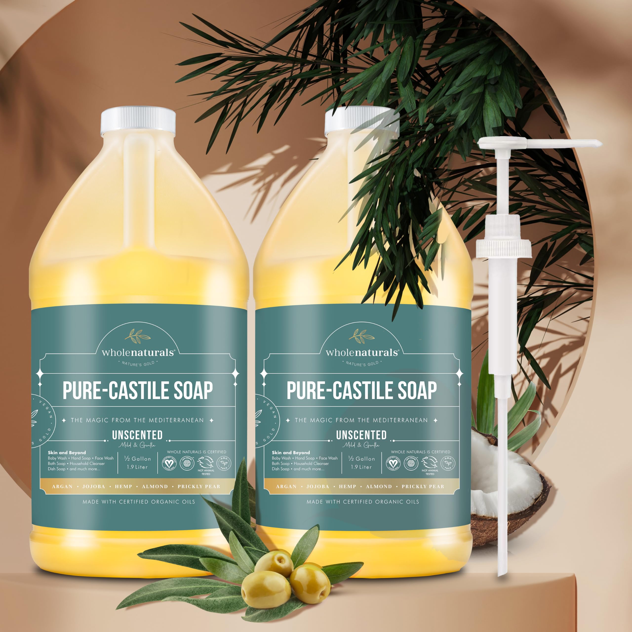 WHOLENATURALS Unscented Castile Soap bottle suitable for sensitive skin.