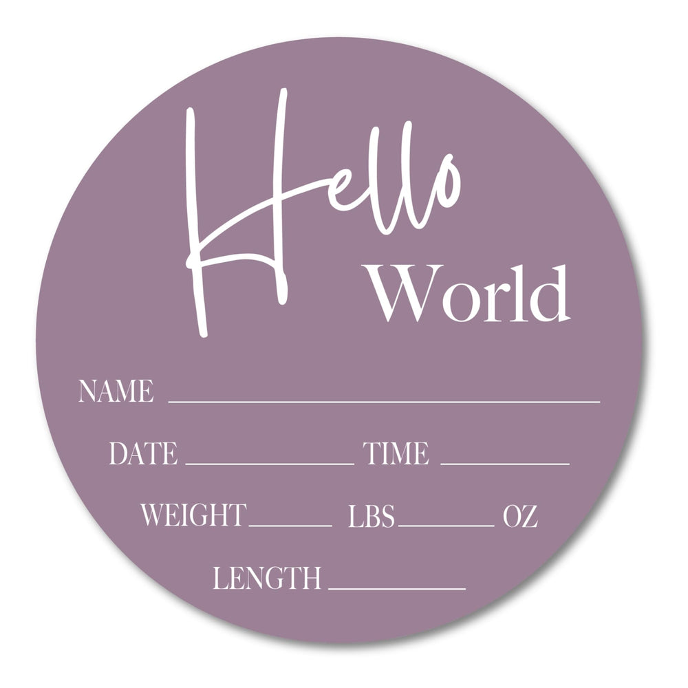 Wholesale Woodcuts Birth Stats Acrylic Sign Hello World Lavender for nursery décor.
