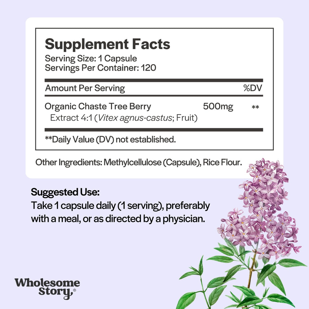 Wholesome Story Vitex capsules close-up showing 500 mg chasteberry extract