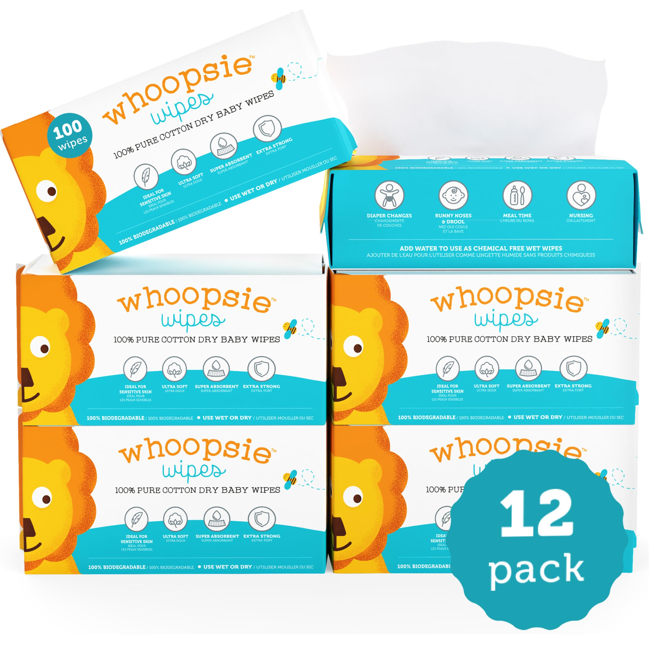 Whoopsie Wipes 12-pack box ensuring plenty of wipes on hand.