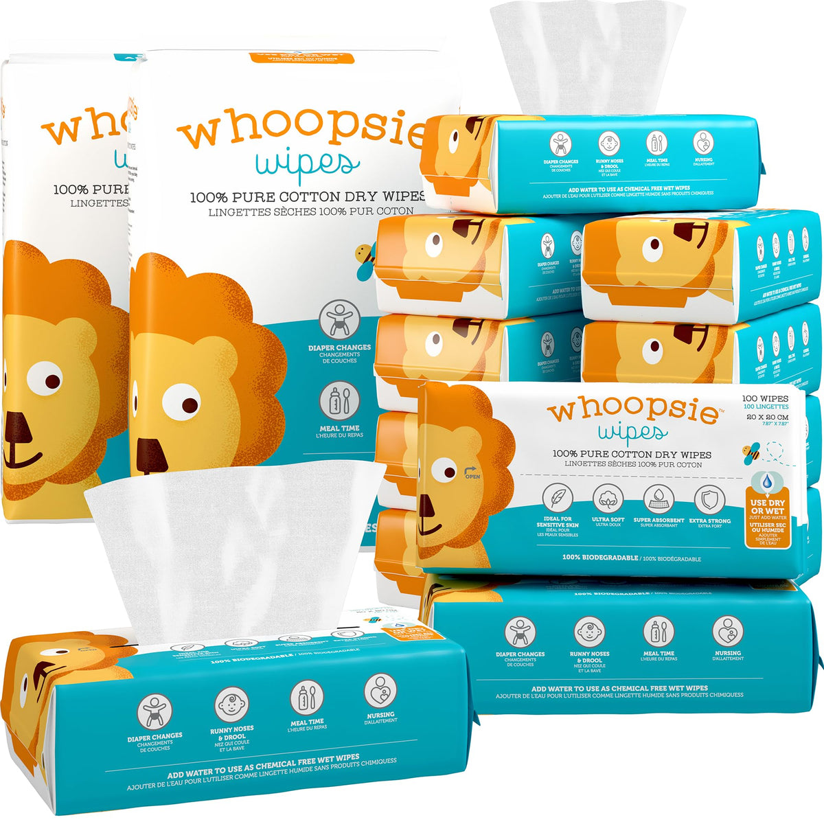 Whoopsie Wipes dry cotton wipes for gentle, chemical-free cleaning.