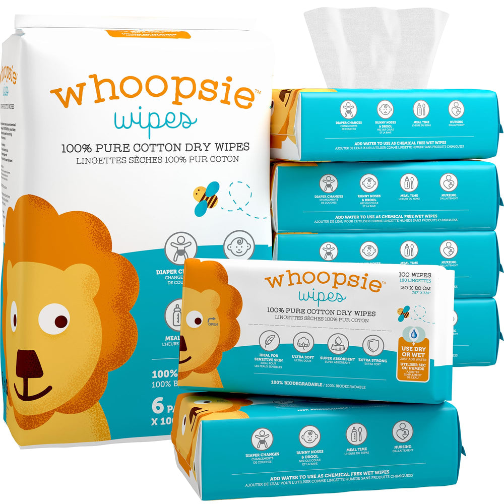 Whoopsie Wipes original dry wipes closeup showing soft cotton texture for gentle, sensitive skin.