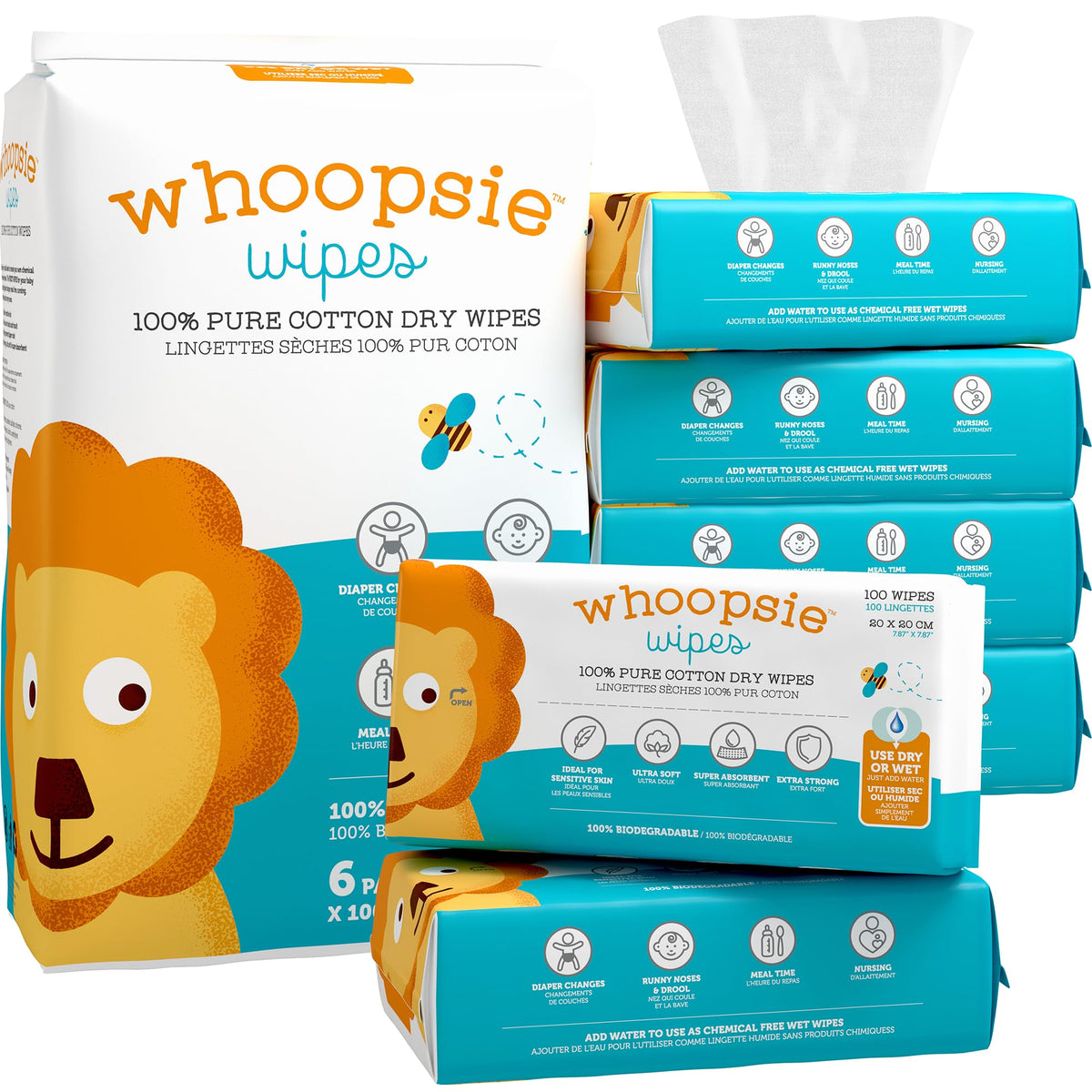 Whoopsie Wipes original dry wipes closeup showing soft cotton texture for gentle, sensitive skin.