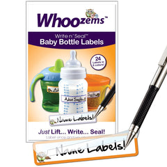 Whoozems baby bottle labels pack with self-laminate for moisture protection.