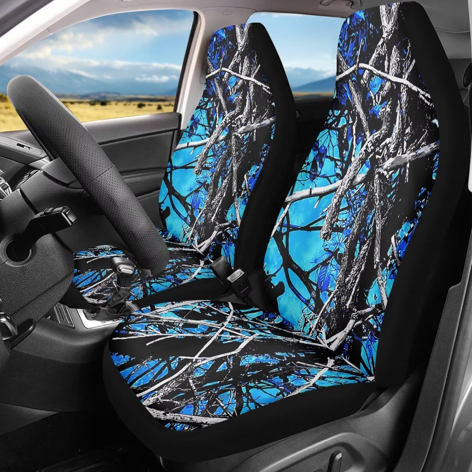 Whosucclay Blue Camo Oak seat cover front view showcases universal fit and durable material.