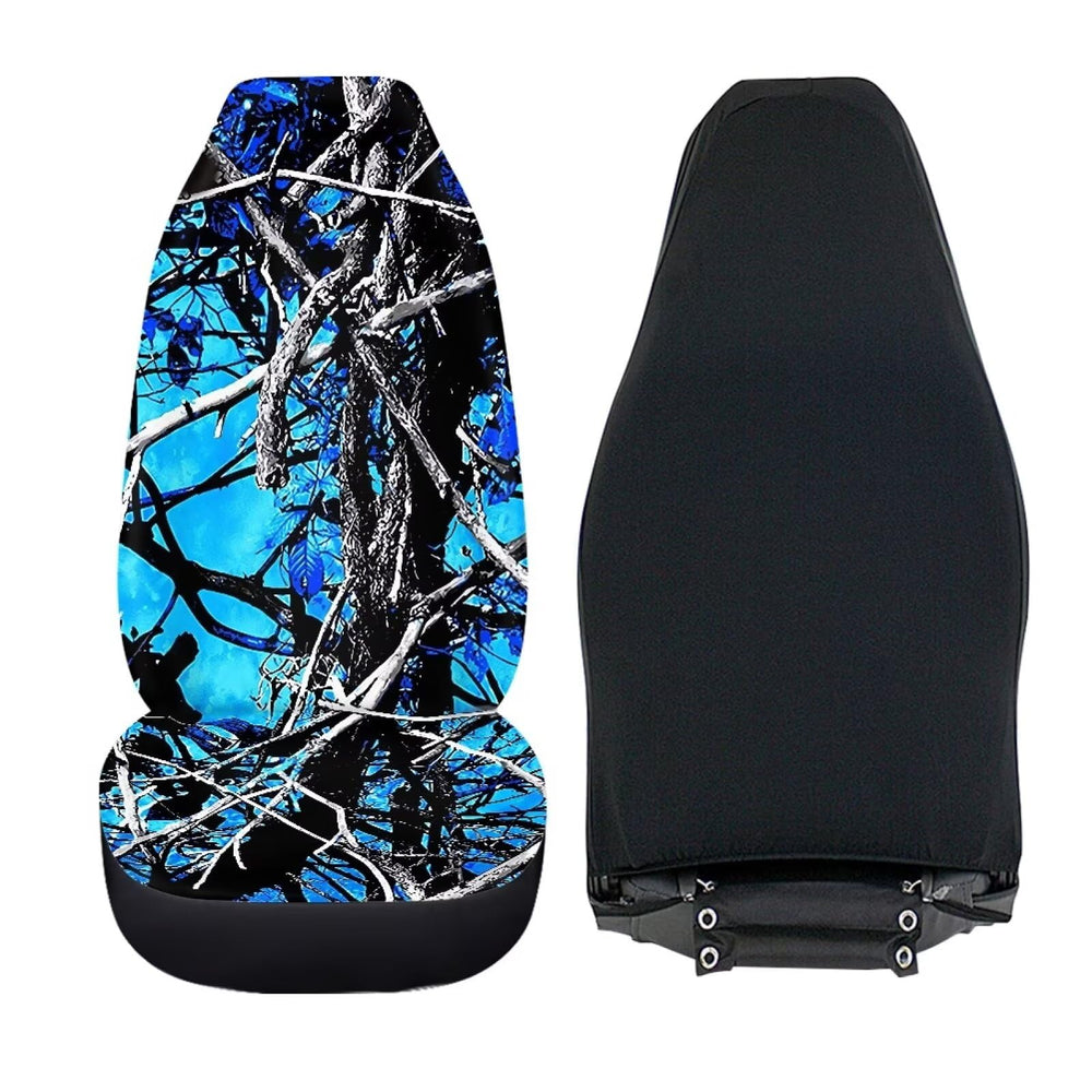 Whosucclay Blue Camo Oak seat cover in car demonstrates quick setup and front-seat protection.