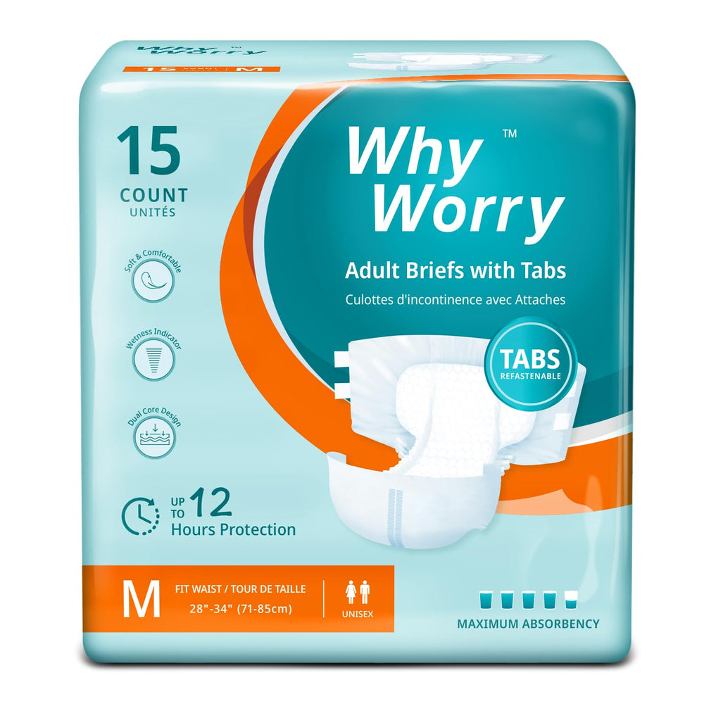 WhyWorry dual-core absorbency diaper with tabs for secure day wear.