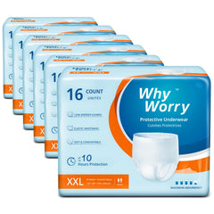 WhyWorry Incontinence Underwear packaging highlights discreet, breathable protection for everyday wear.