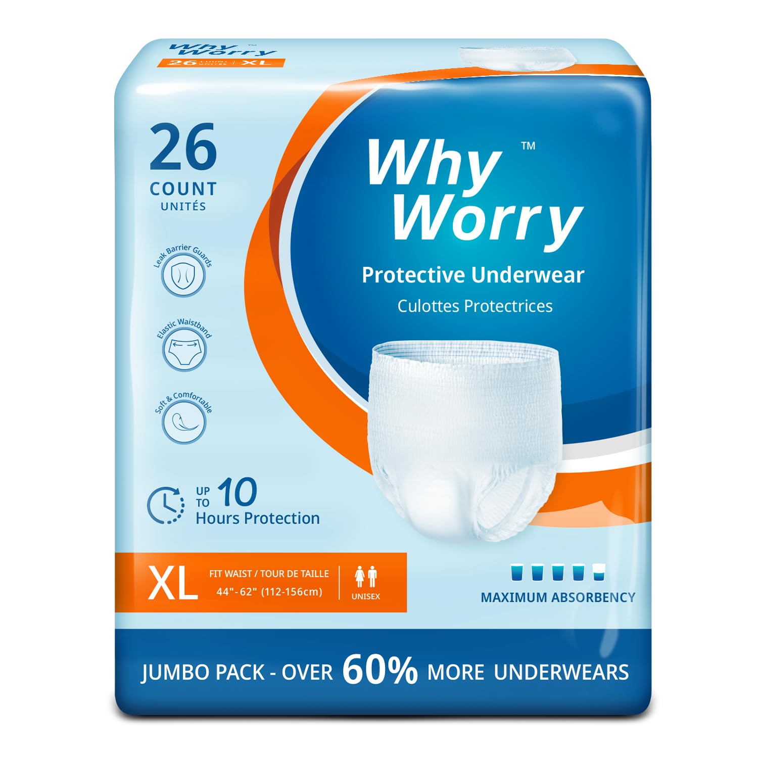 WhyWorry overnight absorbency underwear provides up to 10 hours of dryness for full-night protection.