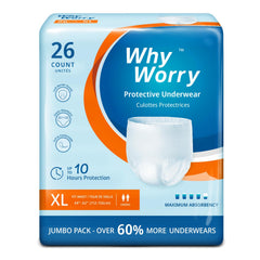 WhyWorry overnight absorbency underwear provides up to 10 hours of dryness for full-night protection.