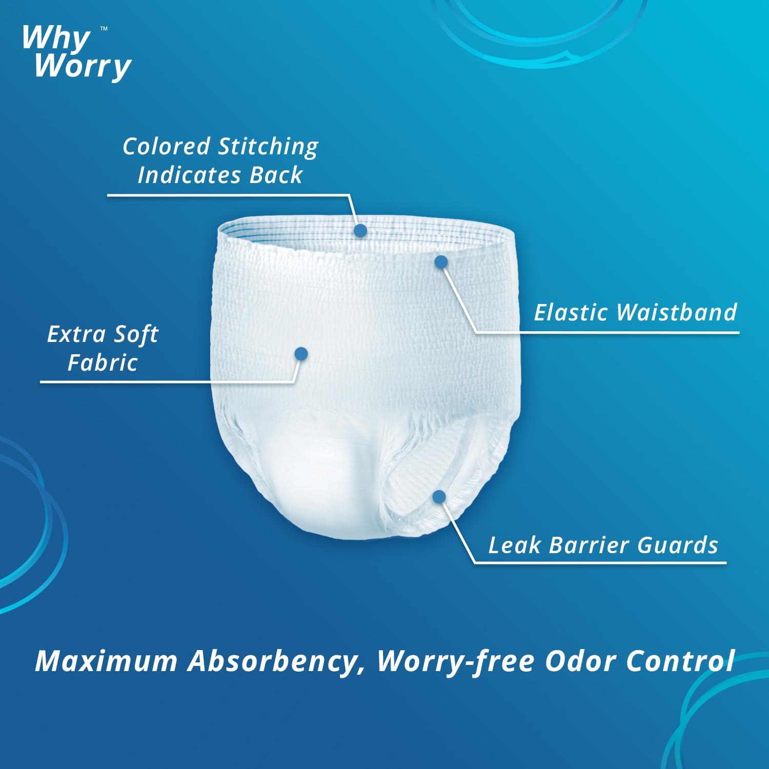 WhyWorry tear-away sides with elastic waistband allow easy removal and secure fit