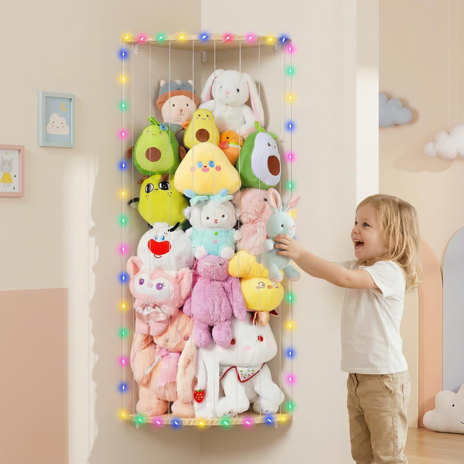 WIBOND stuffed animal storage corner holder keeps plushies visible and accessible for kids.