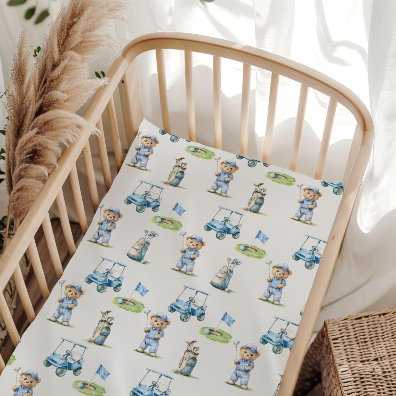 Wicbfdfv Bear Golf crib sheet in blue fits standard cribs securely for a snug sleep.