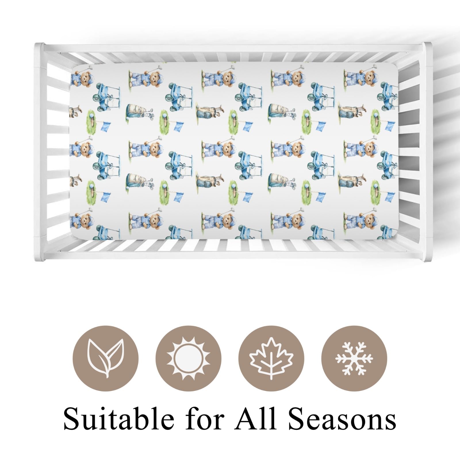 Close-up of bear golf pattern highlights stylish, unisex nursery decor.