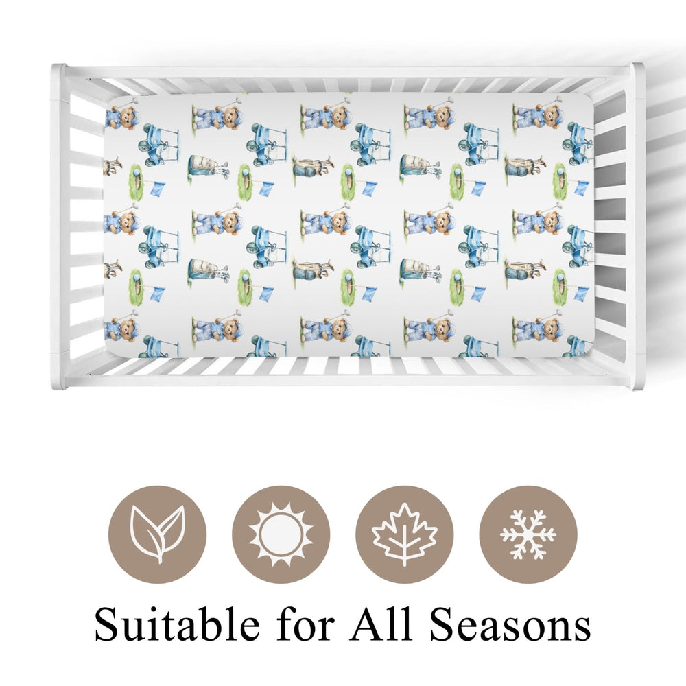 Close-up of bear golf pattern highlights stylish, unisex nursery decor.