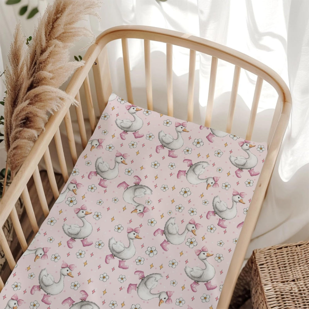 Wicbfdfv cute-geese-boot-bows-pink-fitted-sheet adds playful crib decor and comfort.