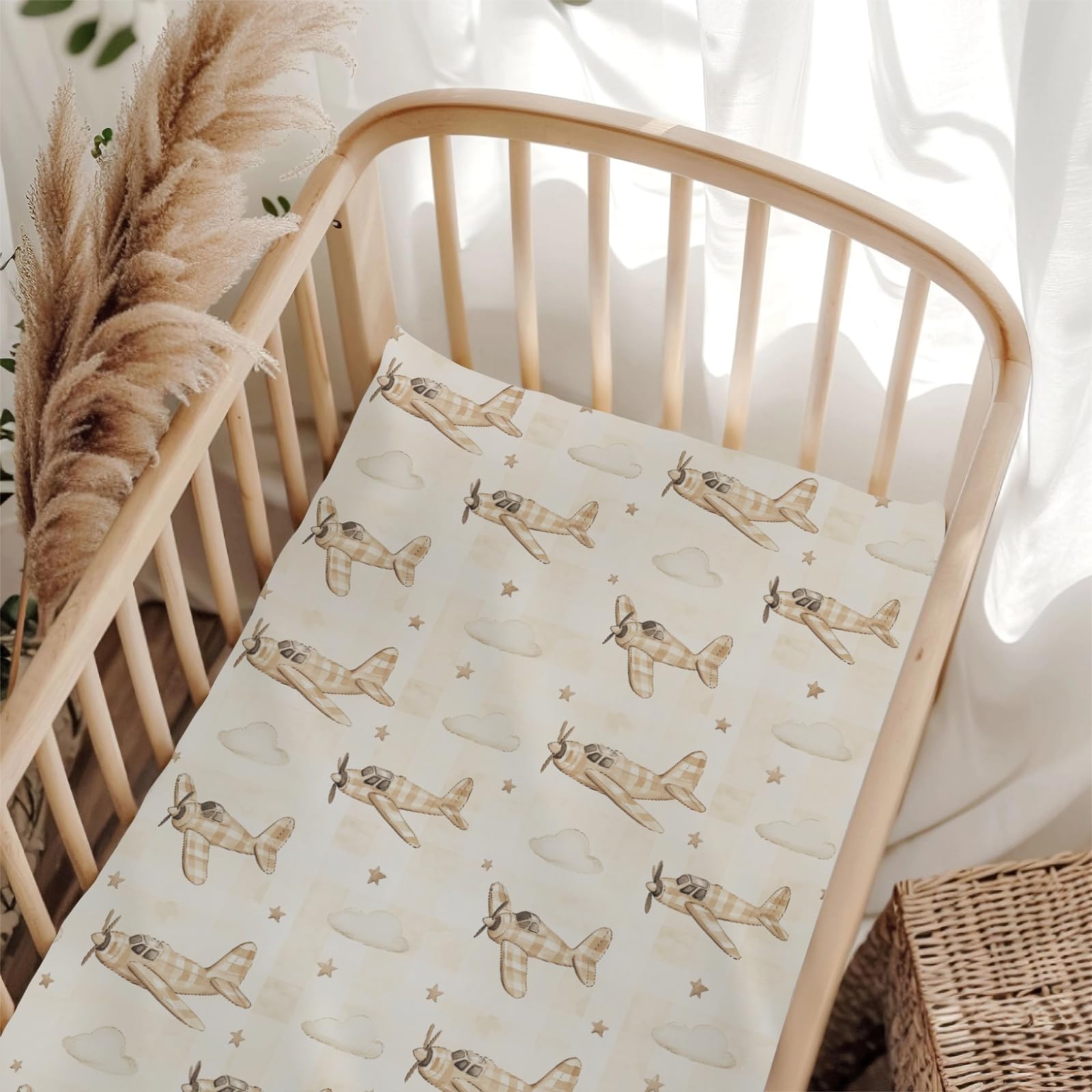 Wicbfdfv Cute Plane Plaid crib sheet featuring airplanes and clouds for cozy sleep.