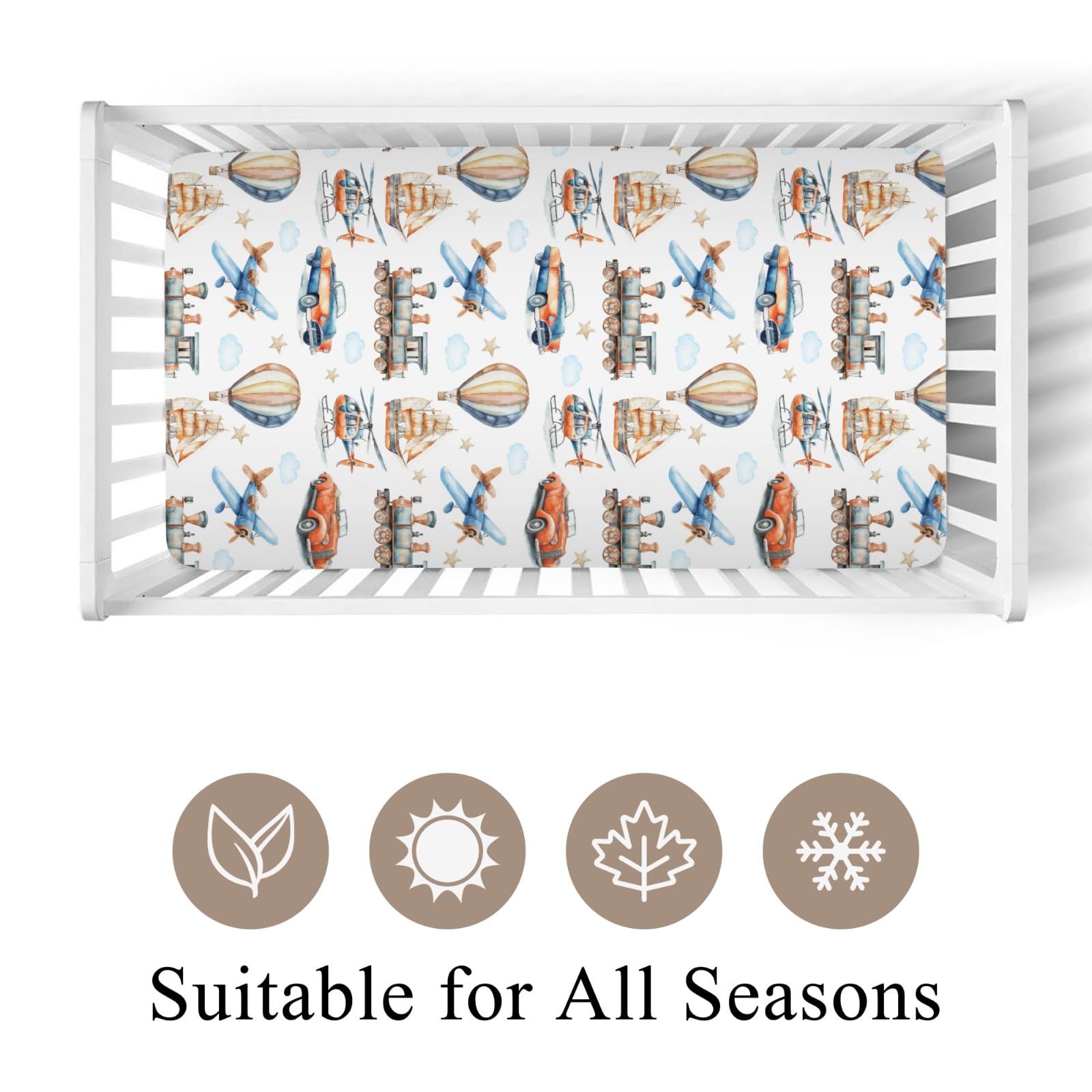 Wicbfdfv train motif crib sheet enhances nursery decor and comfort.