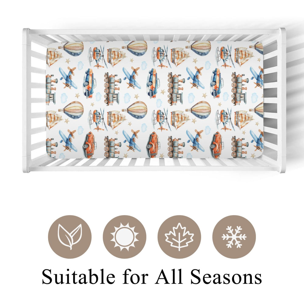 Wicbfdfv train motif crib sheet enhances nursery decor and comfort.