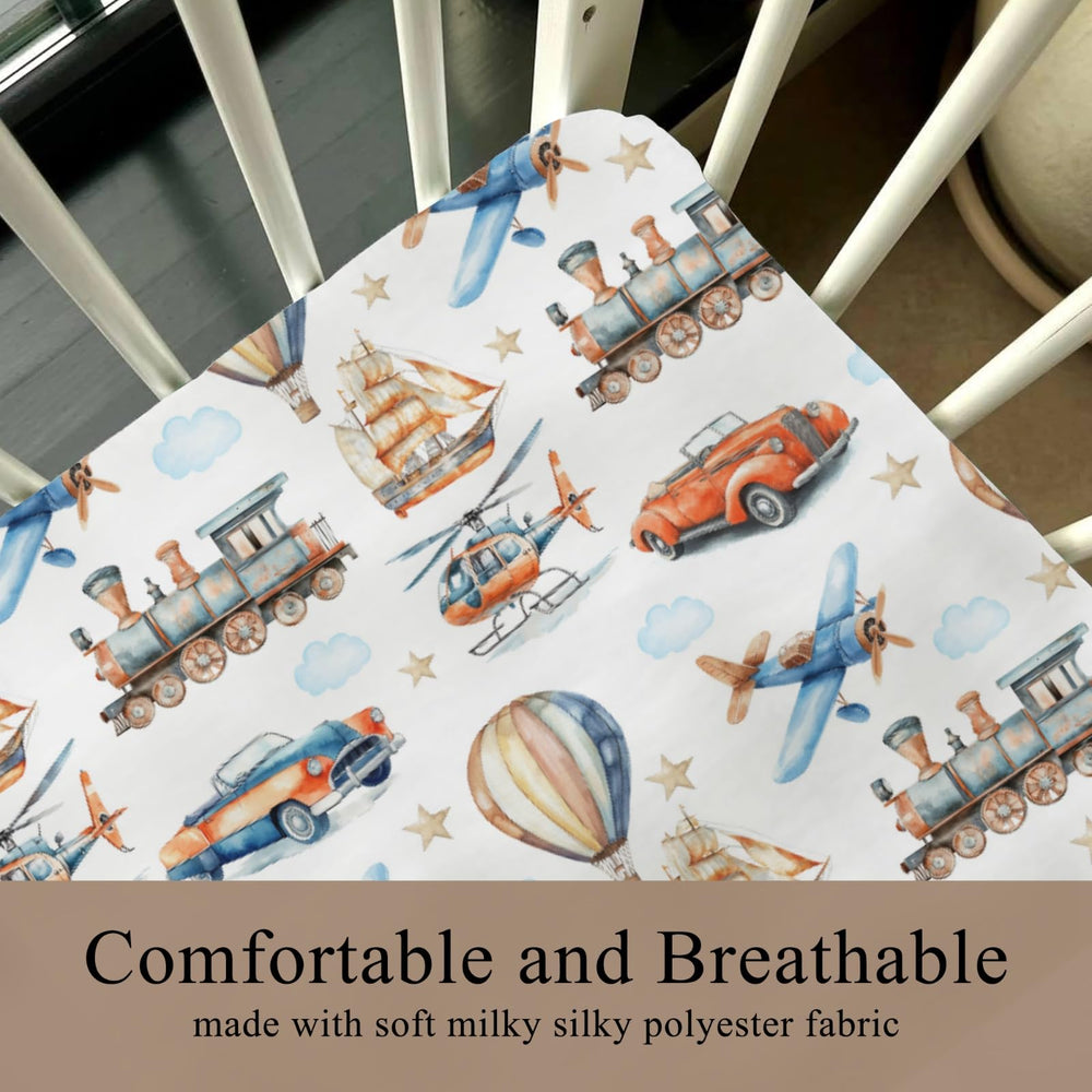 Wicbfdfv transportation pattern sheet fits standard cribs securely.