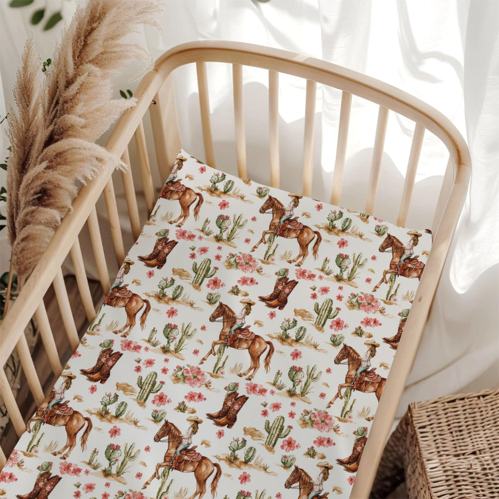 Wicbfdfv vintage western cowgirls crib sheet with retro pattern for a cozy nursery backdrop