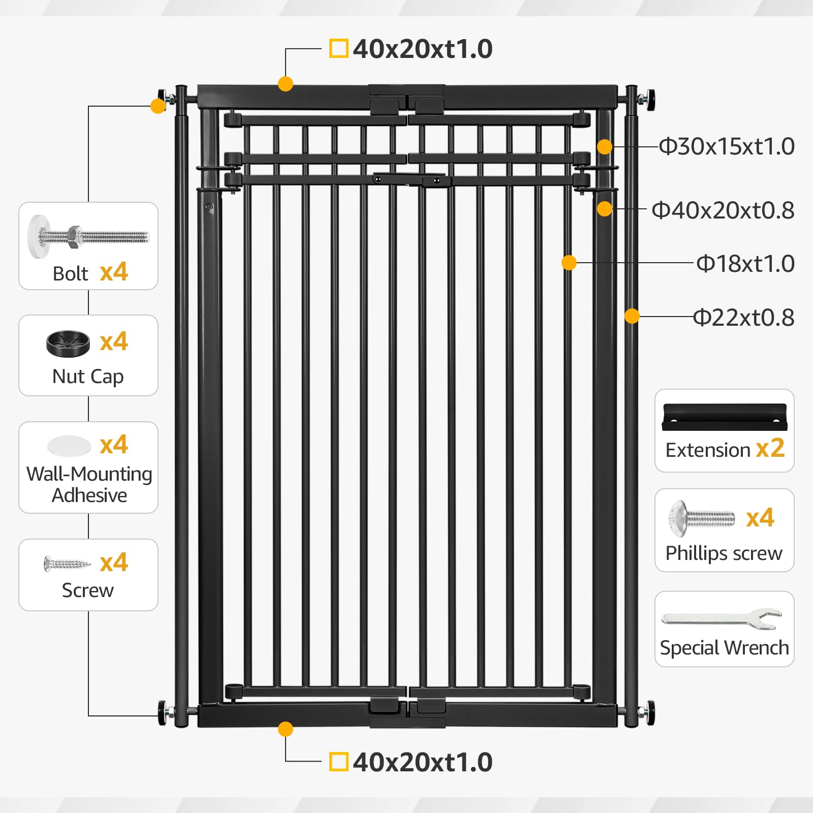 WIDERSAFER includes bolts, wall mounts, extenders, and wrench for setup.