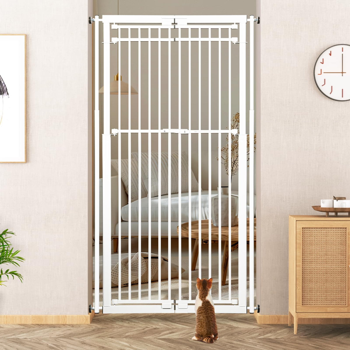 WIDERSAFER extra tall cat gate assembly showing easy setup and secure fit