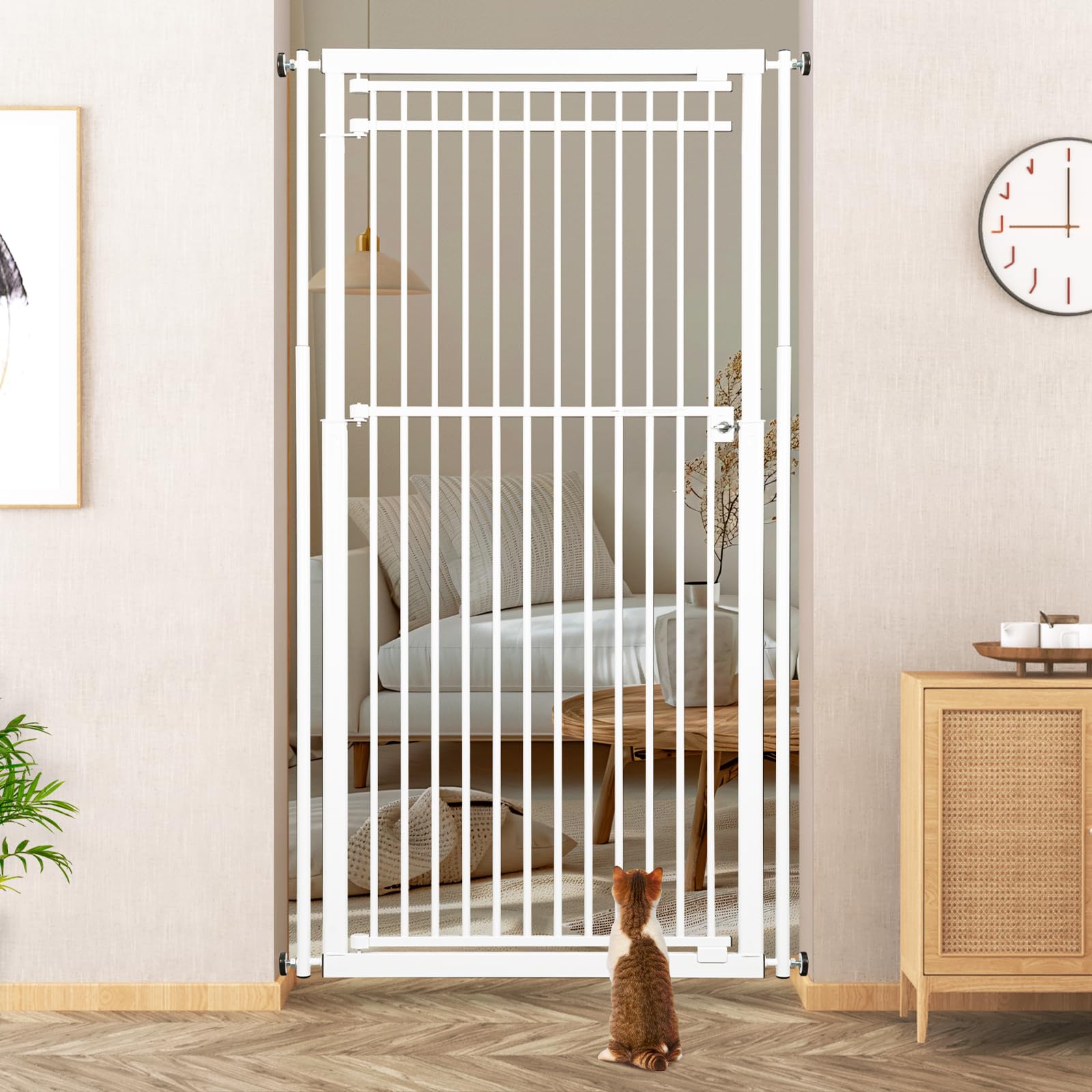 WIDERSAFER extra tall cat gate installed on stairs, showing tall height and secure enclosure.